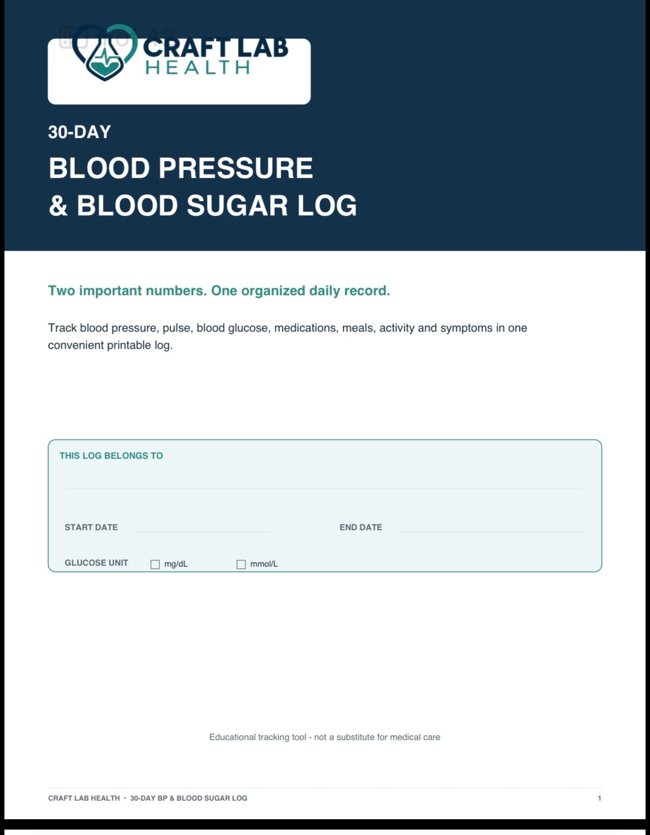 Daily Blood Pressure and Blood Sugar Log