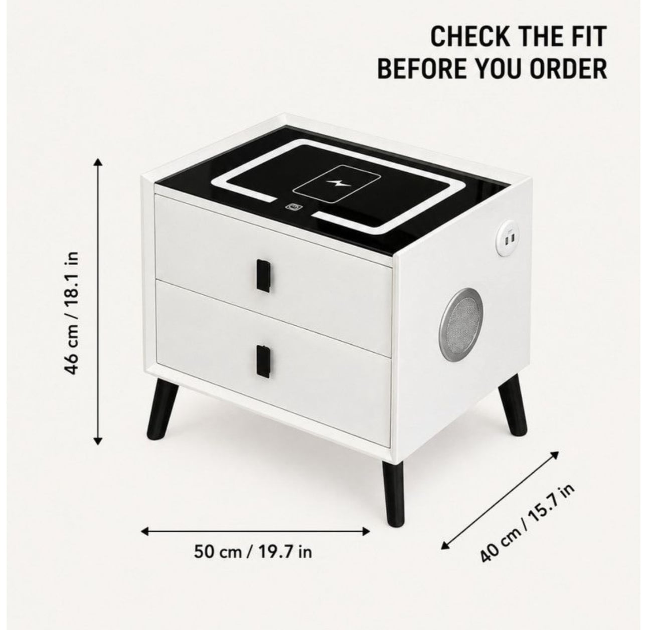 Smart Bedside Table with Wireless Charging, USB, LED & Speaker