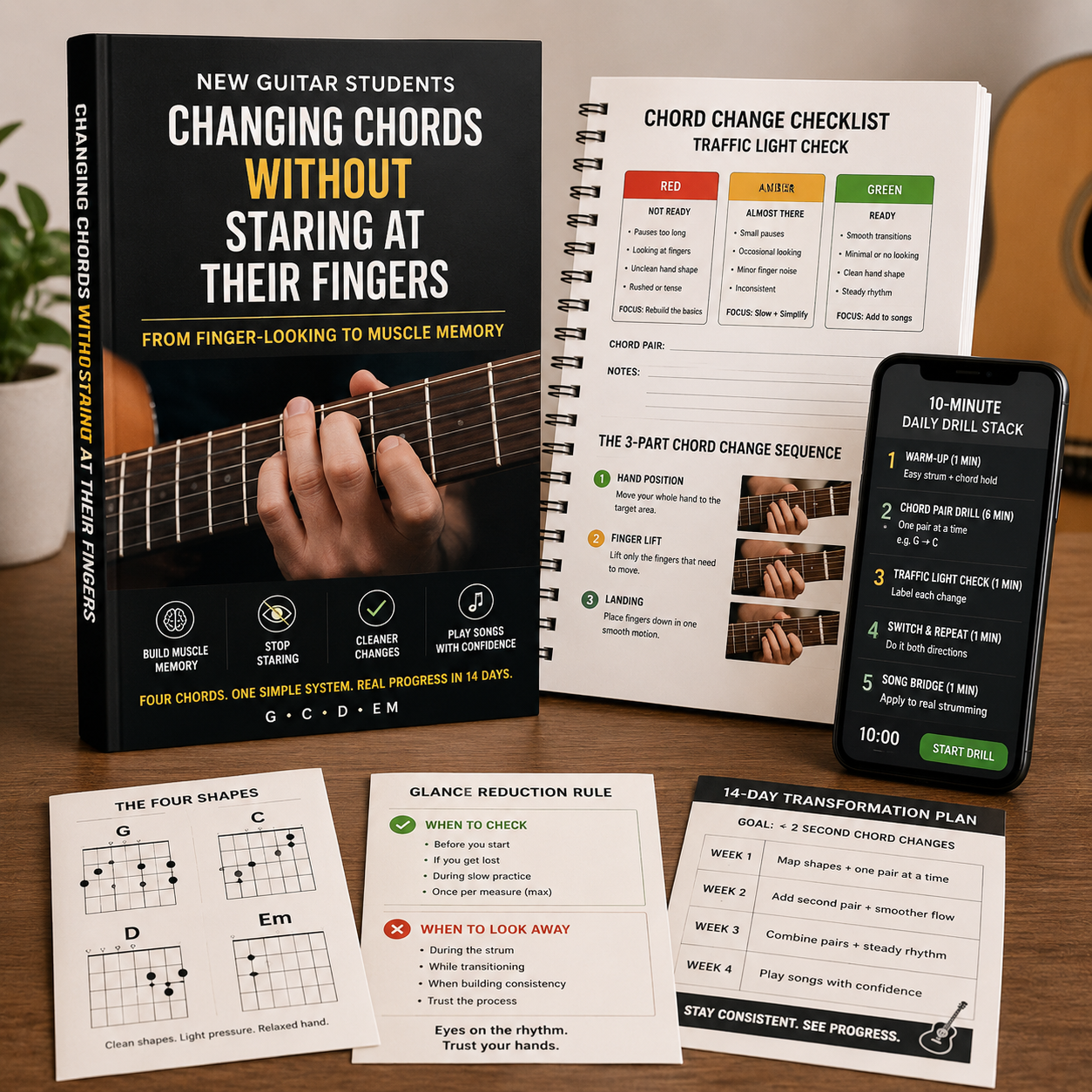 From Finger-Looking to Muscle Memory for Beginner Guitarists