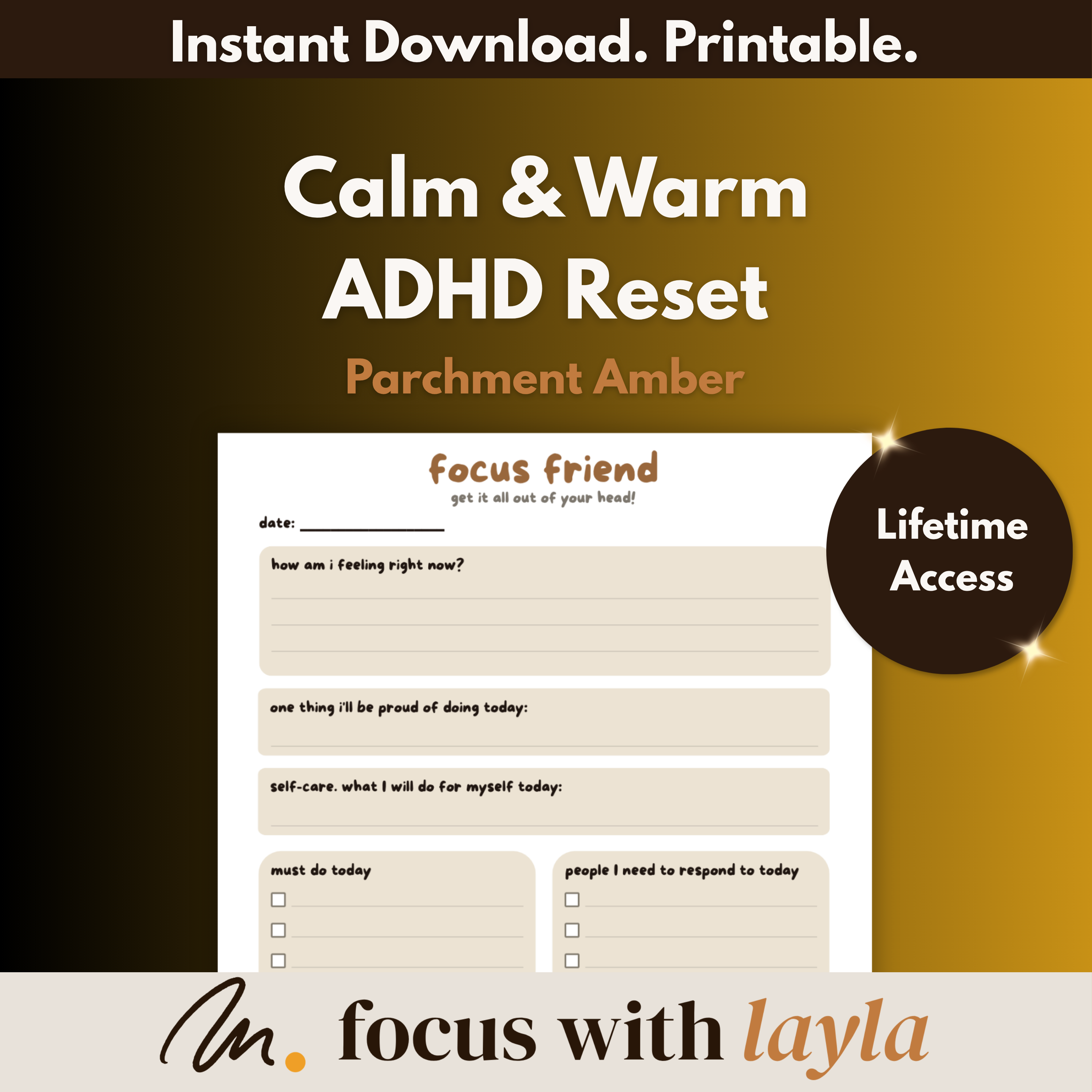 ADHD Brain Dump (Parchment Amber) - Daily Self-Care Planner. Instant Download