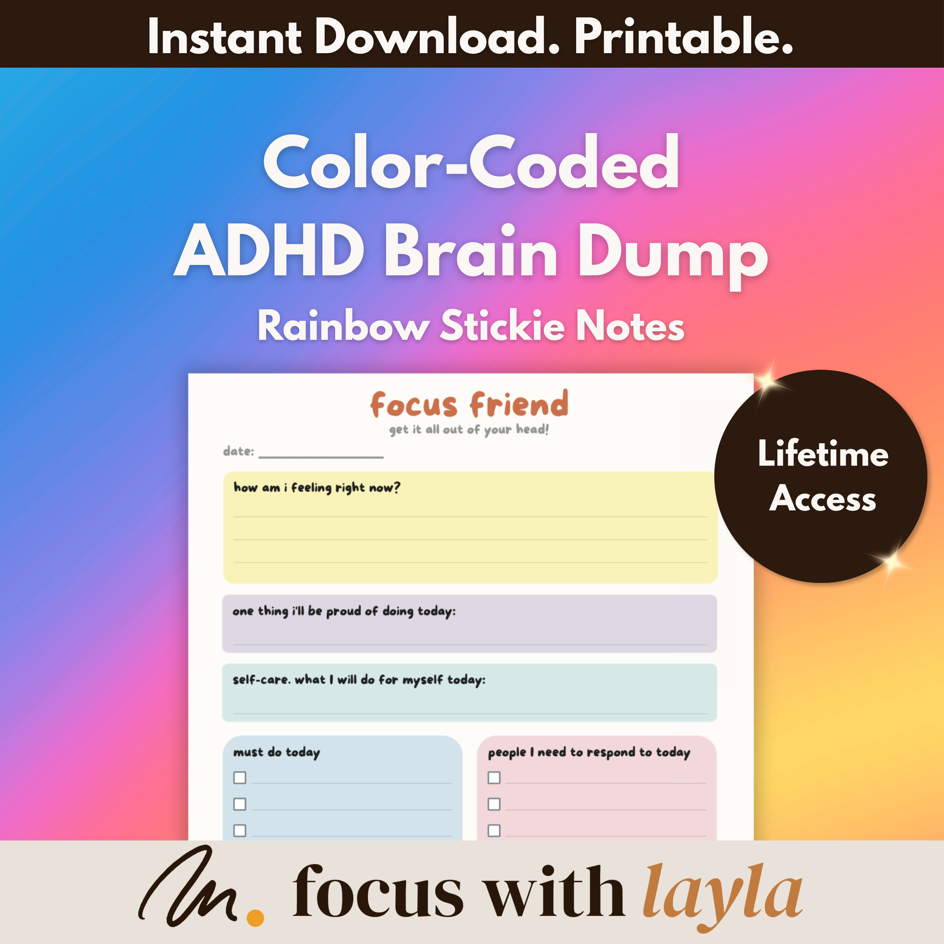 Focus Friend – ADHD Brain Dump - (Rainbow Stickies) | Daily To-Do | Made by ADHD