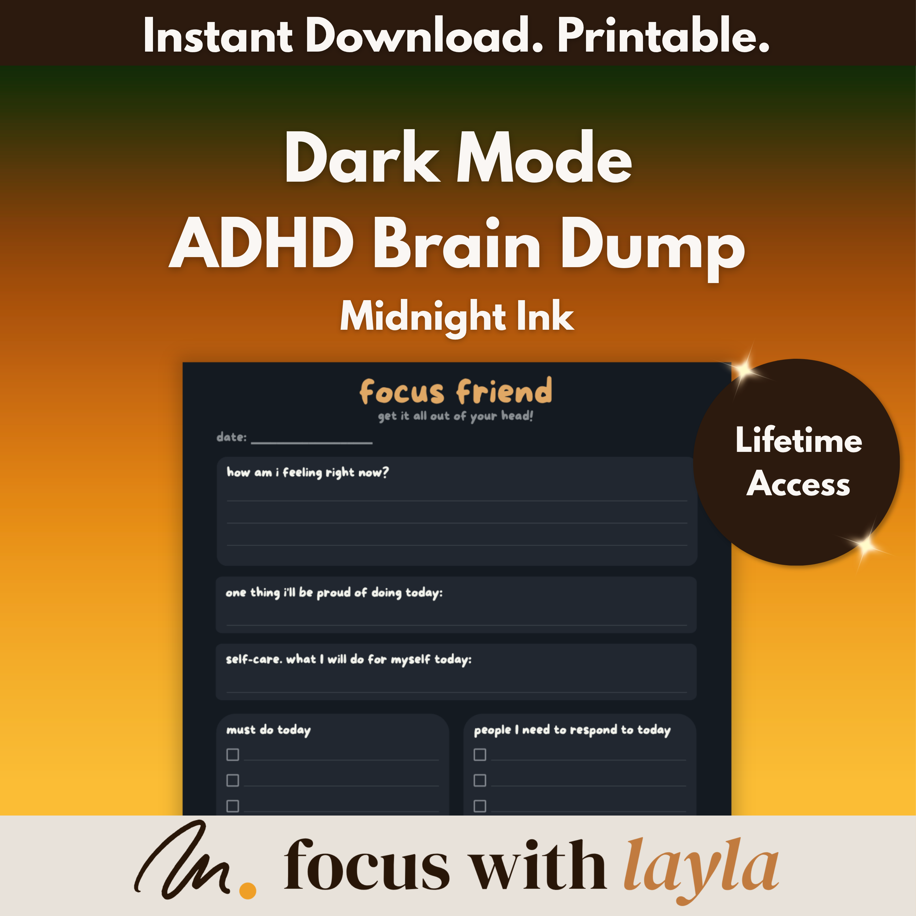 Focus Friend – ADHD Brain Dump - (Midnight Ink) | ADHD To-Do, Executive Function