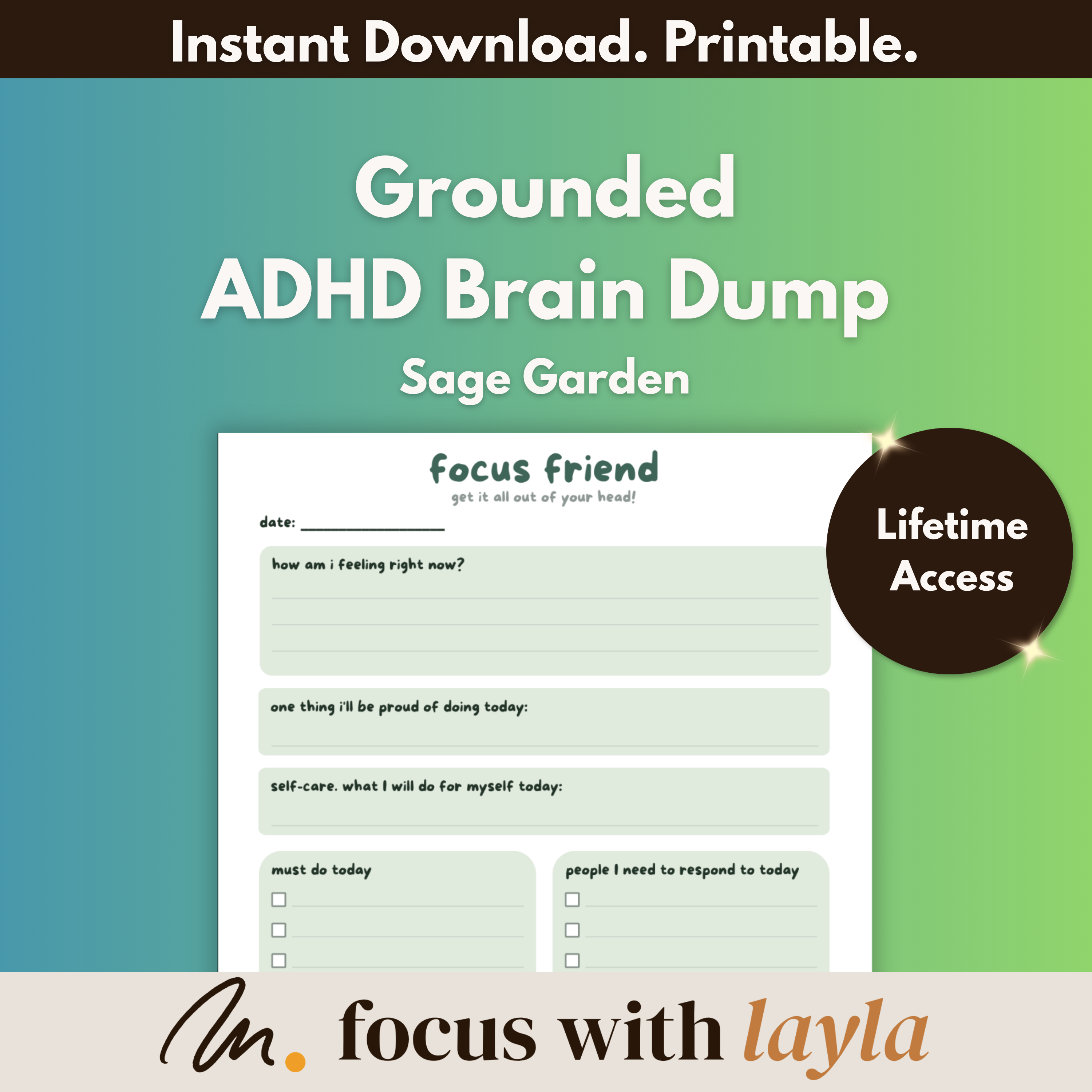 Focus Friend – ADHD Brain Dump - (Sage Garden) | ADHD To-Do Planner | Printable